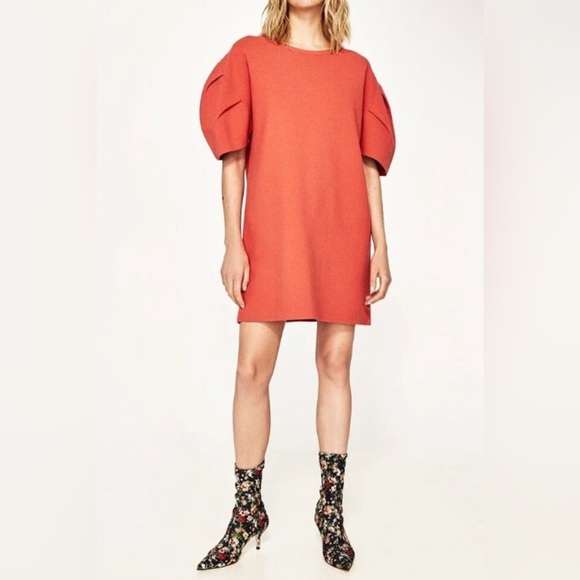 Zara Dresses & Skirts - Zara Elegant Orange Puff Sleeve Dress Sz M